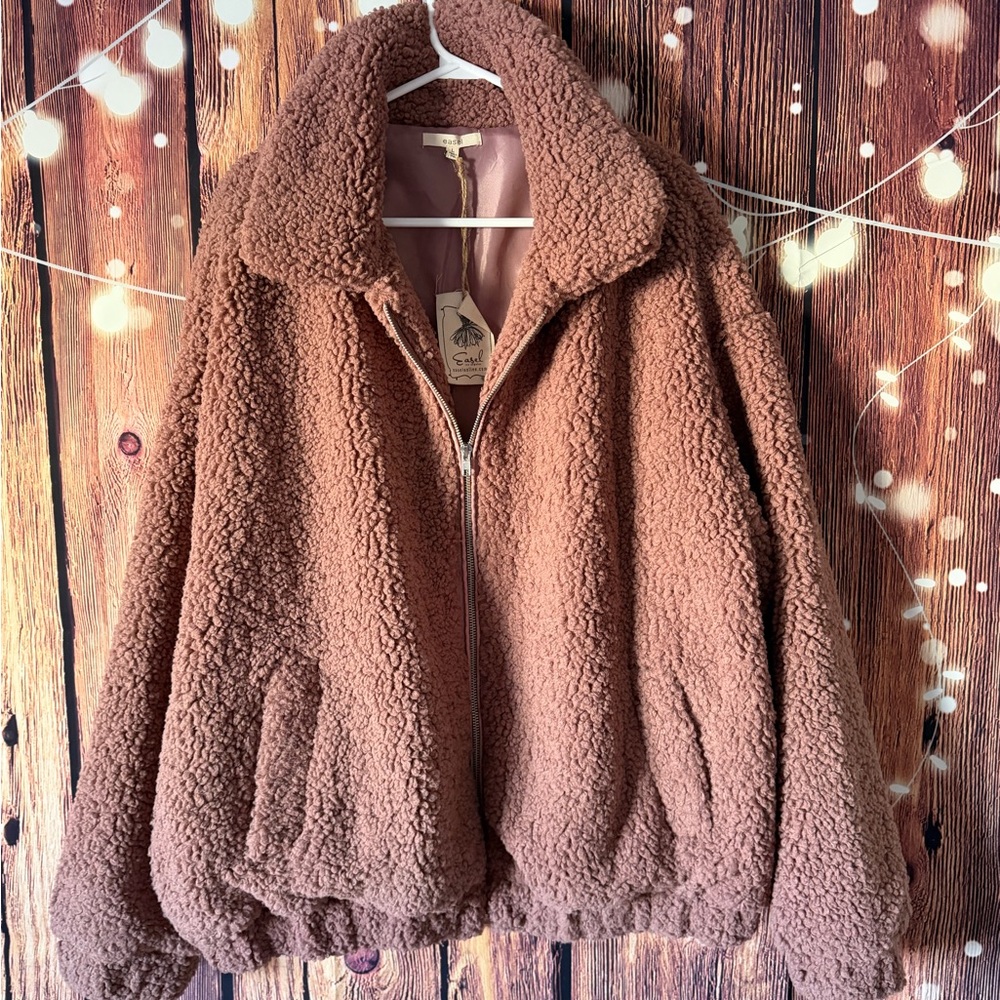 Easel Liz & Lottie Bella Teddy Coat in Red Bean Soft Sherpa Jacket NWT